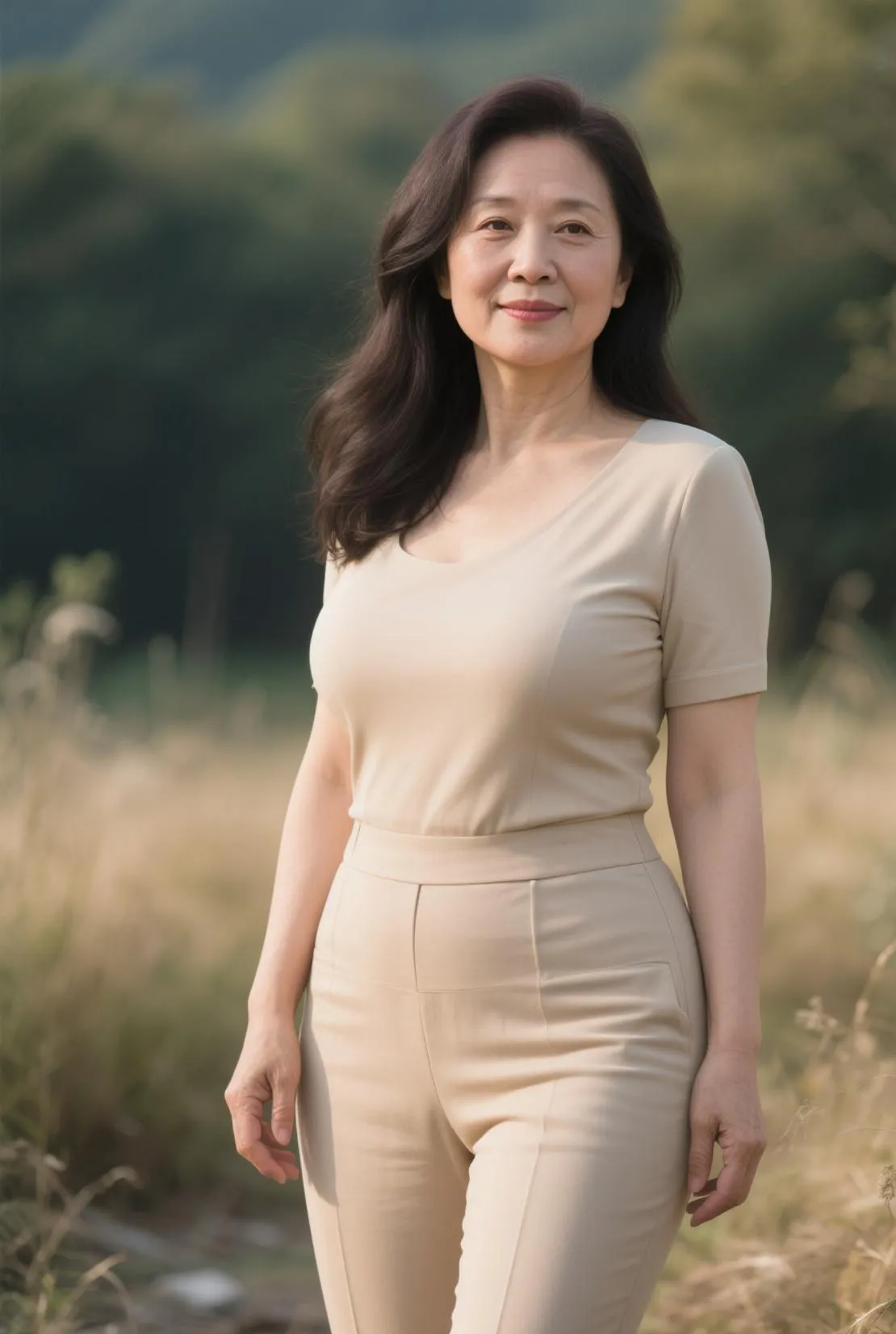 她穿着浅色西装,站在晨光中