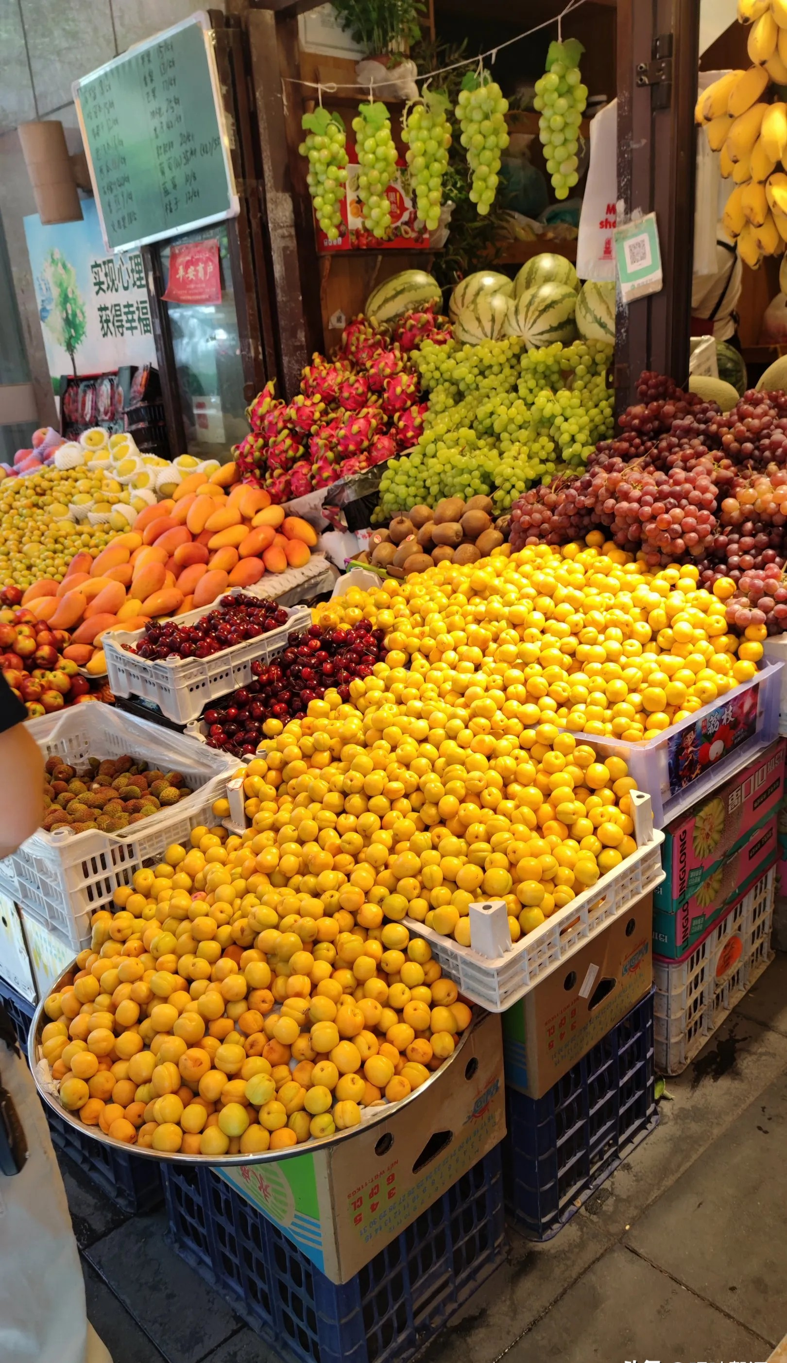 大街上水果摊摆得满满当当,五颜六色的果子让人走不动道