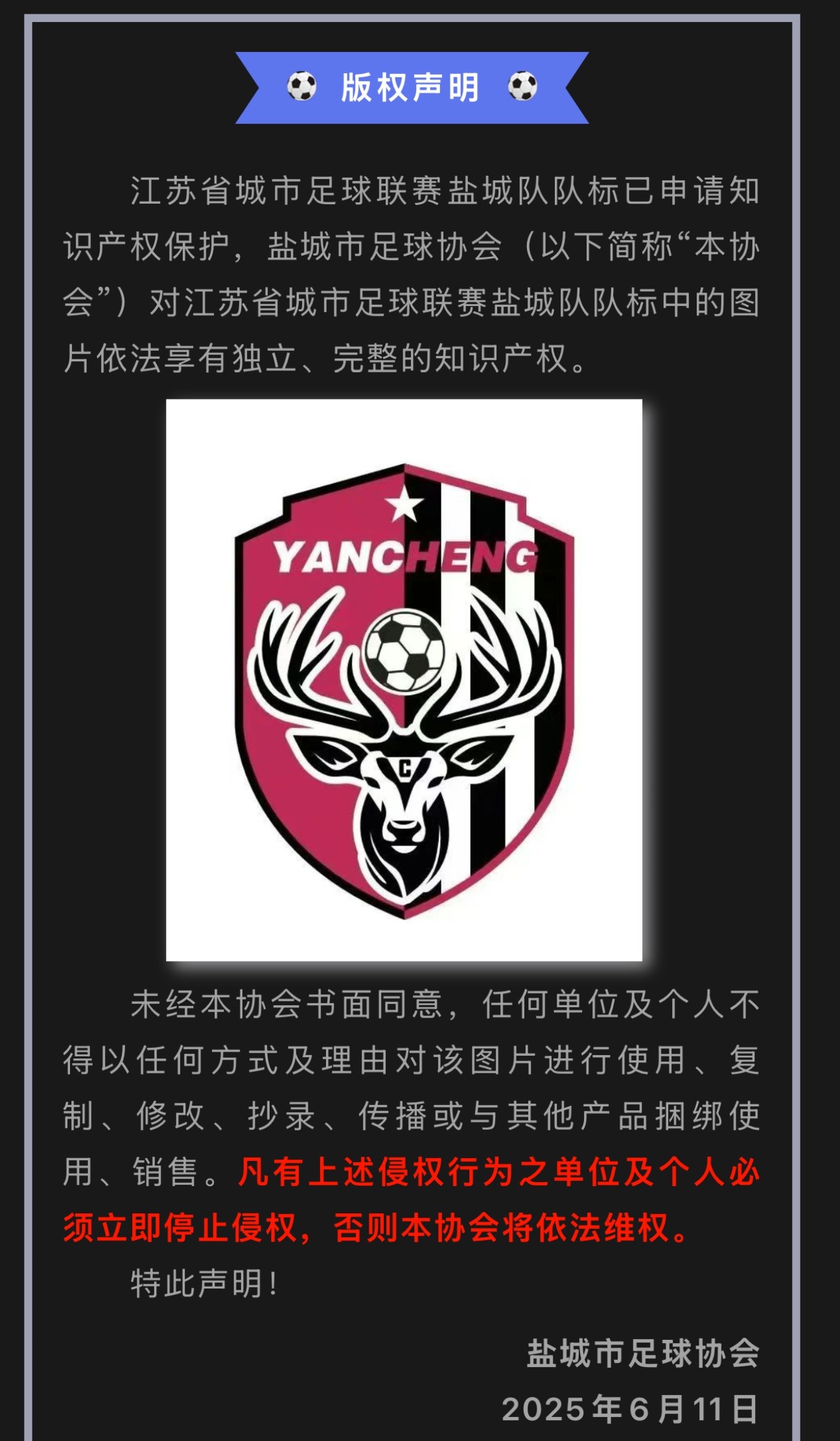 盐城市足协发布声明对苏超盐城队队标拥有版权未经书面同意禁止
