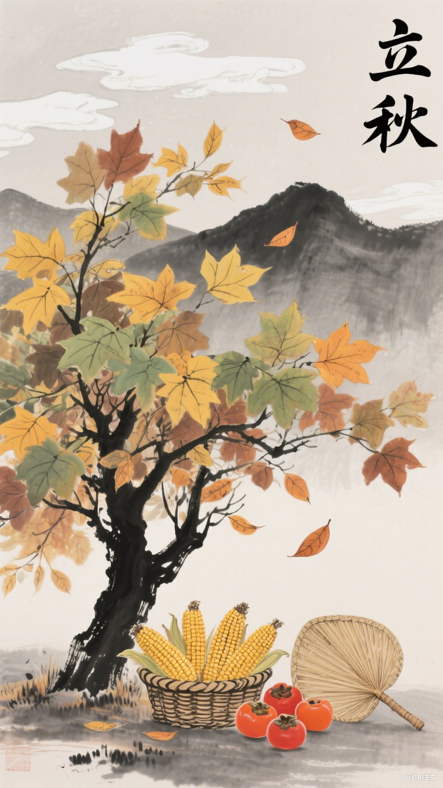 国画秋天秋季水墨画水墨画  秋天  落叶  风  立秋国画写意作品欣赏