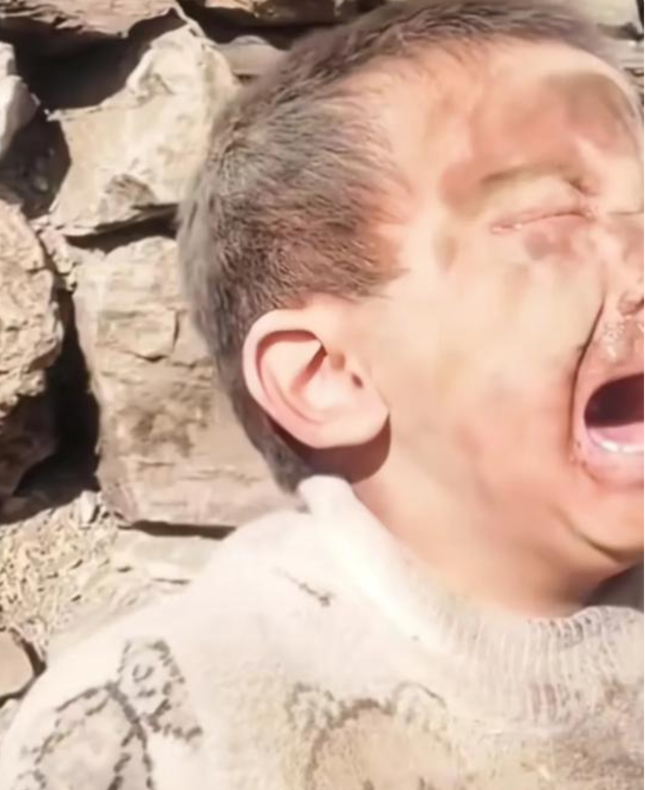 地震的废墟旁,一个小男孩满面尘土地失声大哭着,看着看着就让人心疼得