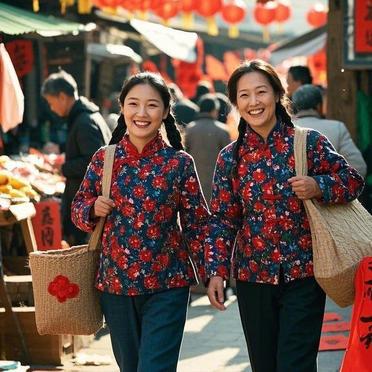 农村女青年,去镇上集贸市场购年货