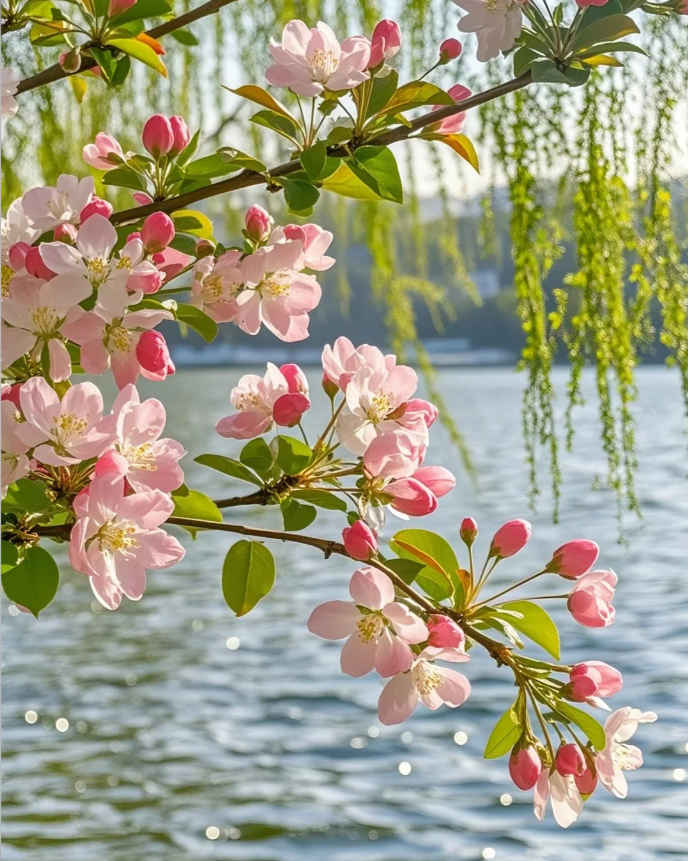 垂柳用新绿织成帘幕 粉白嫣红的海棠便成了春天写给湖岸的情书」#春天