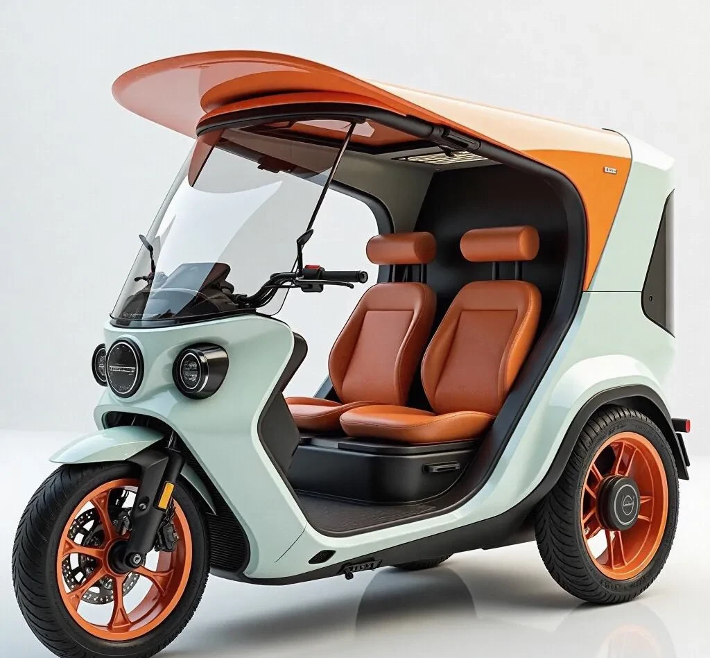 这台薄荷绿配活力橙的三轮电动车,完全戳中我的审美,特别的外形设计