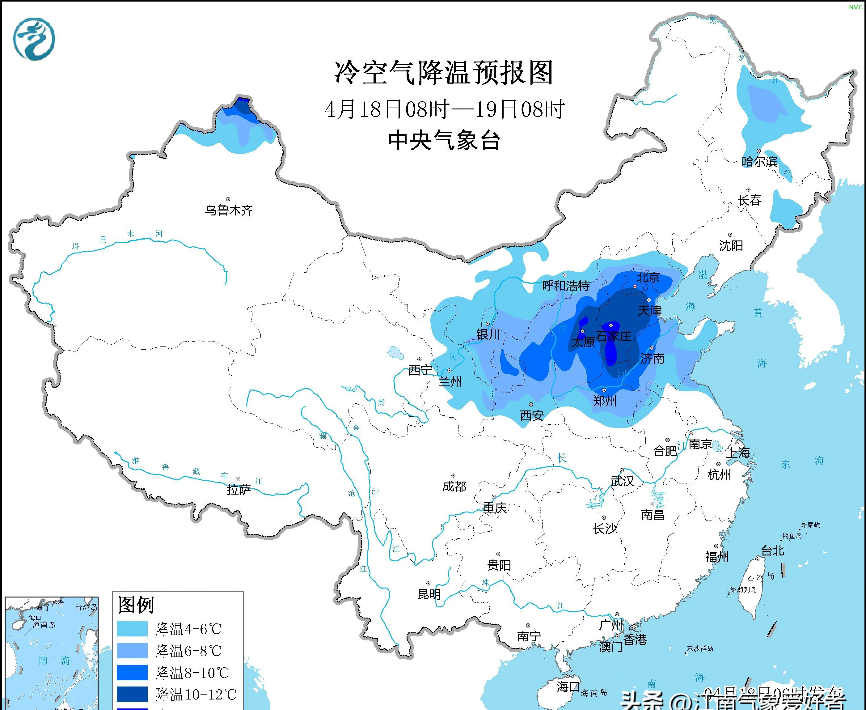 这次的天气预报显示,华北东北部有大约20毫米以上的降水