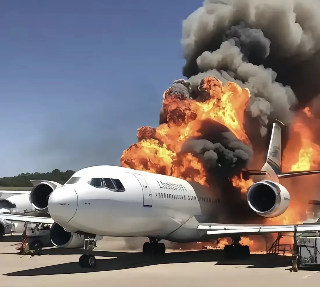 看到一架大型的空中飞机,在爆炸中已经燃起了熊熊地大火.很明显飞机的