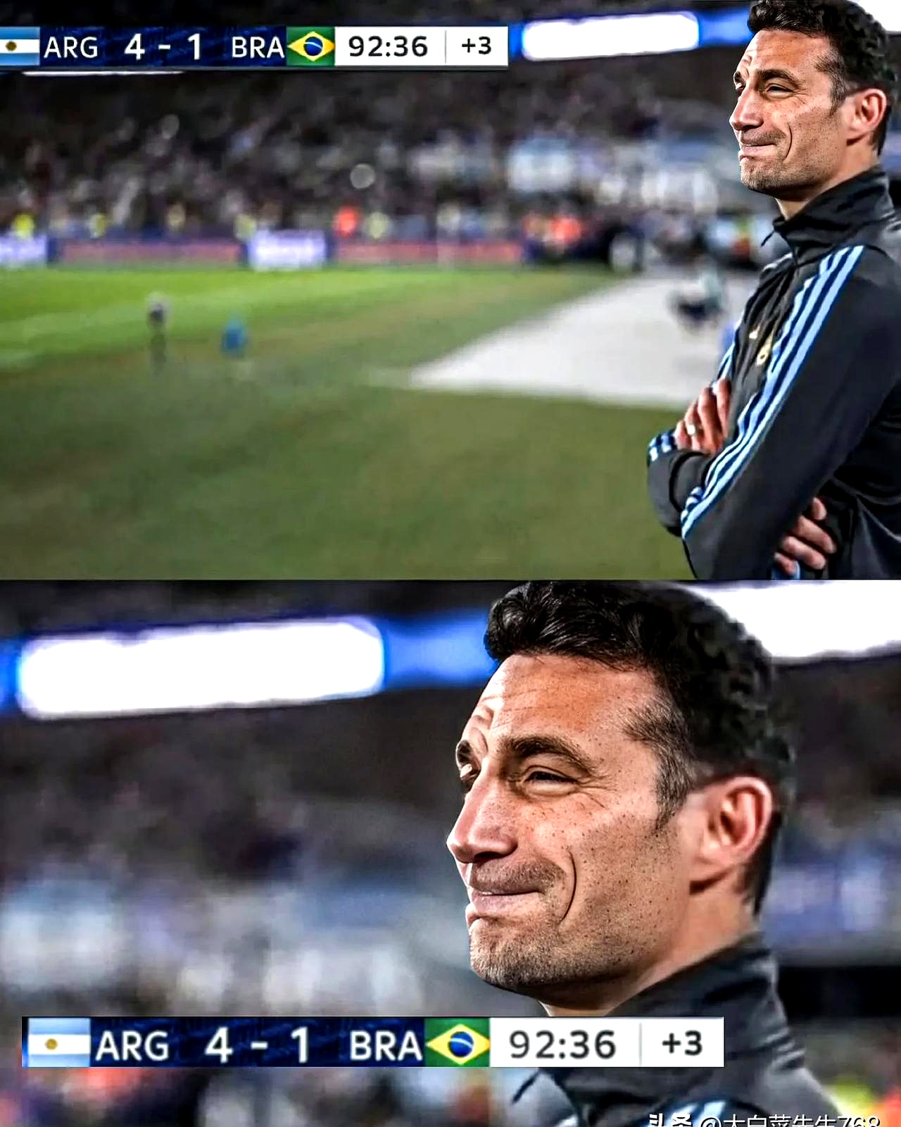 阿根廷主帅斯卡洛尼在阿根廷4:1领先巴西队的比赛里的这幅画面,又一次