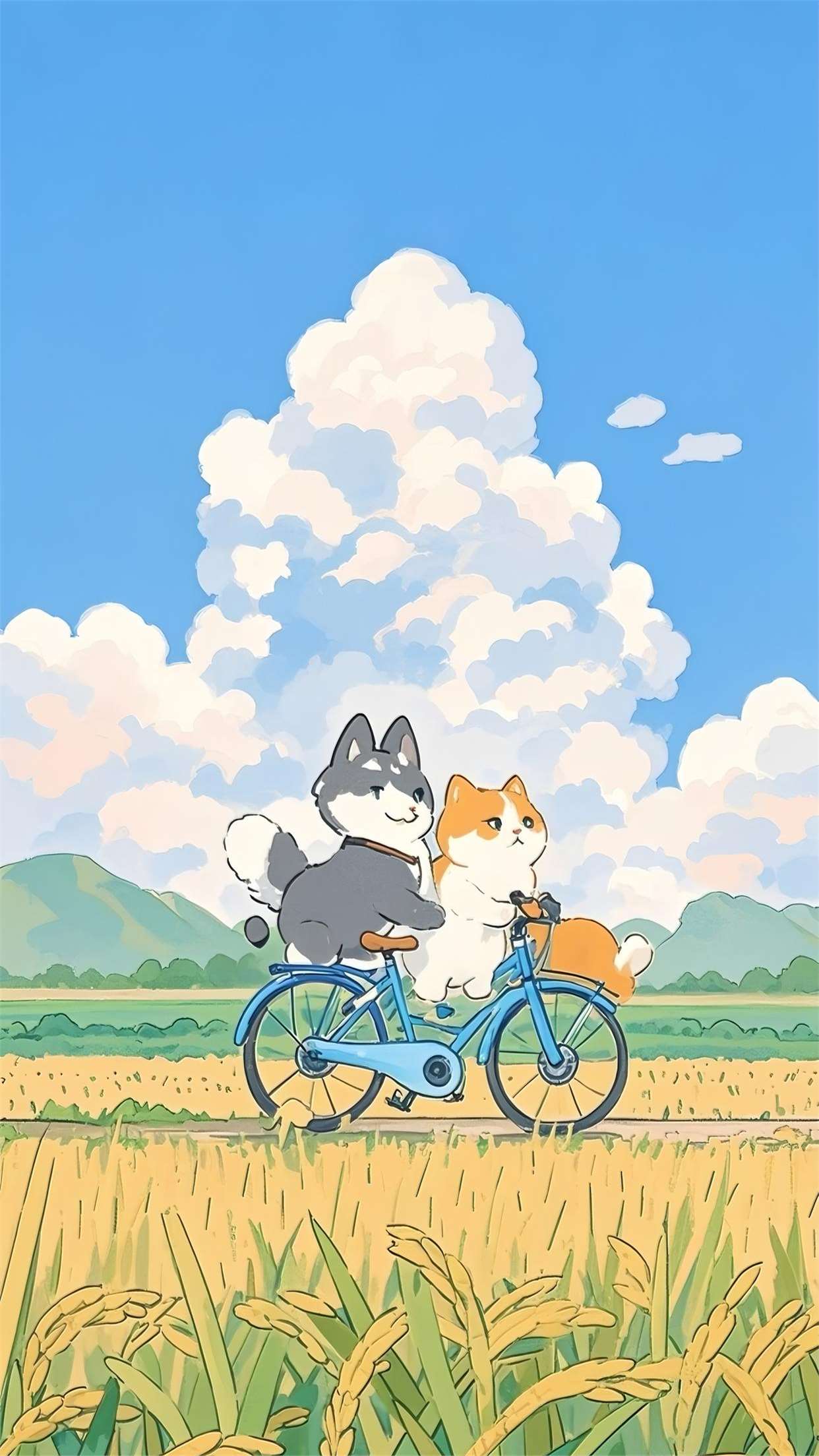 治愈系动漫手机壁纸分享:可爱的黑色小猫与可爱的白色胖小熊!