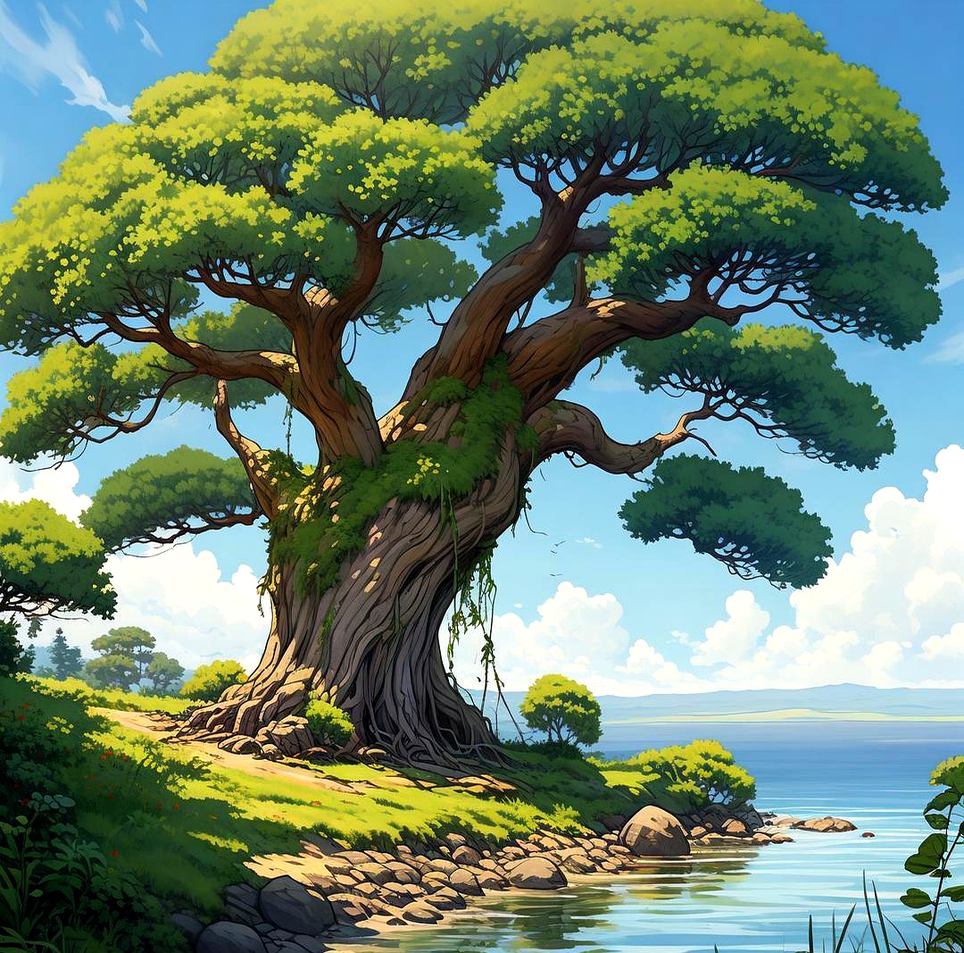 村里户数几十户吧,村里有一条流动的河水,水边有一棵百年老树长得枝繁