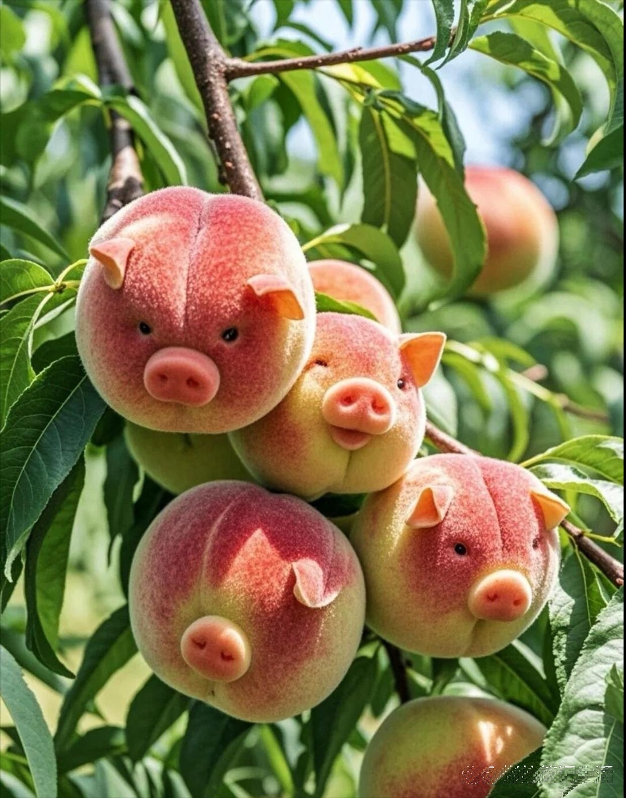 瞧瞧这些桃子,圆滚滚胖乎乎的,每个顶部都凹着个小坑,活像小猪的鼻子