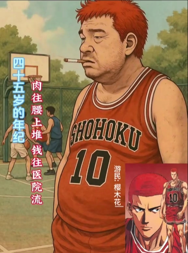 樱木花道胡子拉碴,一身肥膘,成了无业游民;赤木还好,成了代课老师,没