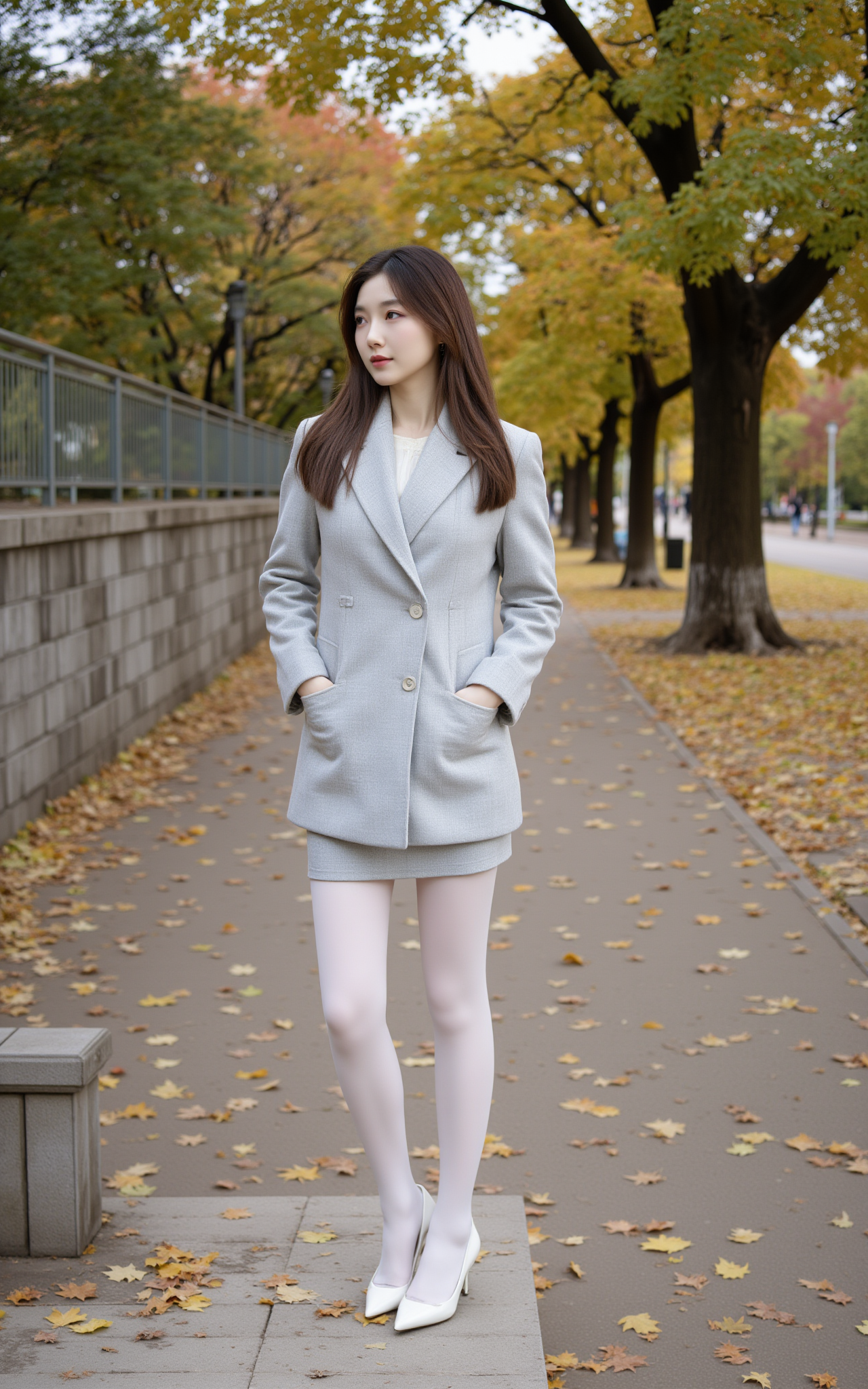 内搭白色衣物若隐若现,白色丝袜与精致白高跟鞋相得益彰,每一步都踏响