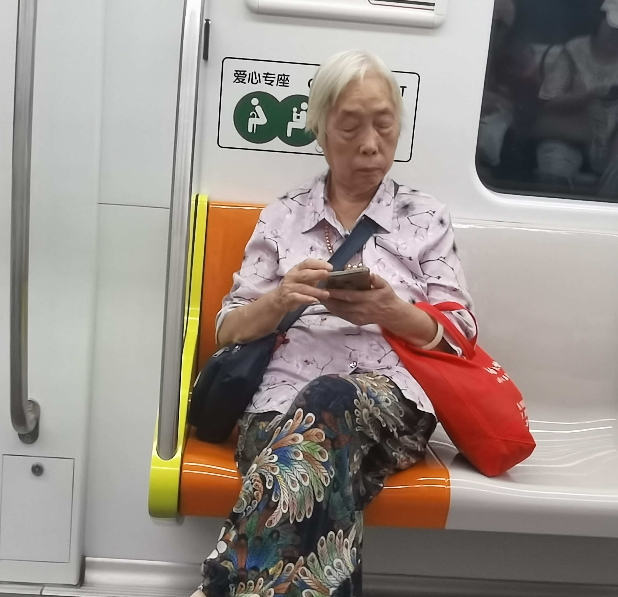 地铁上的一位老太太,头发全白,穿着不算豪华却很