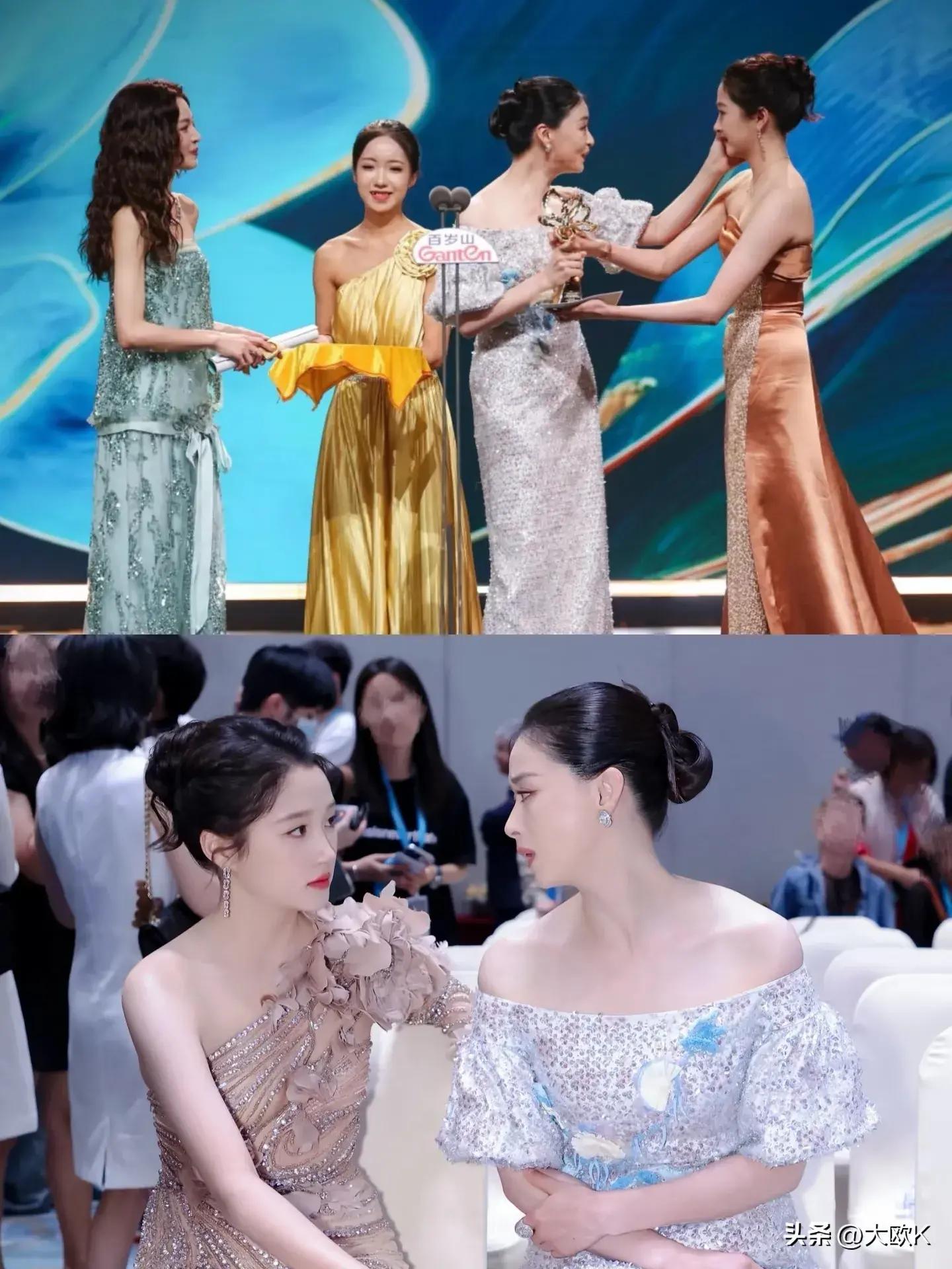 关晓彤作为颁奖嘉宾,拆开信封念出"最佳女配角"获奖者是蒋欣时,她瞬间