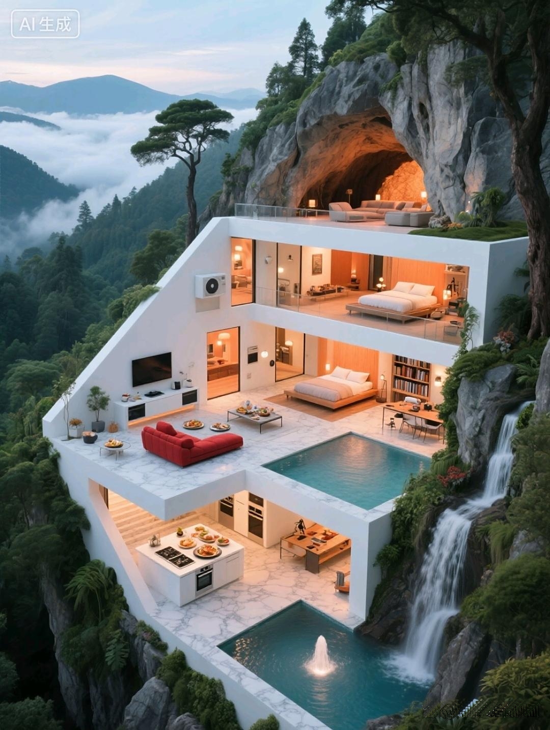 哇塞,这屋子超炫的,就盖在悬崖边儿上,泡澡的时候