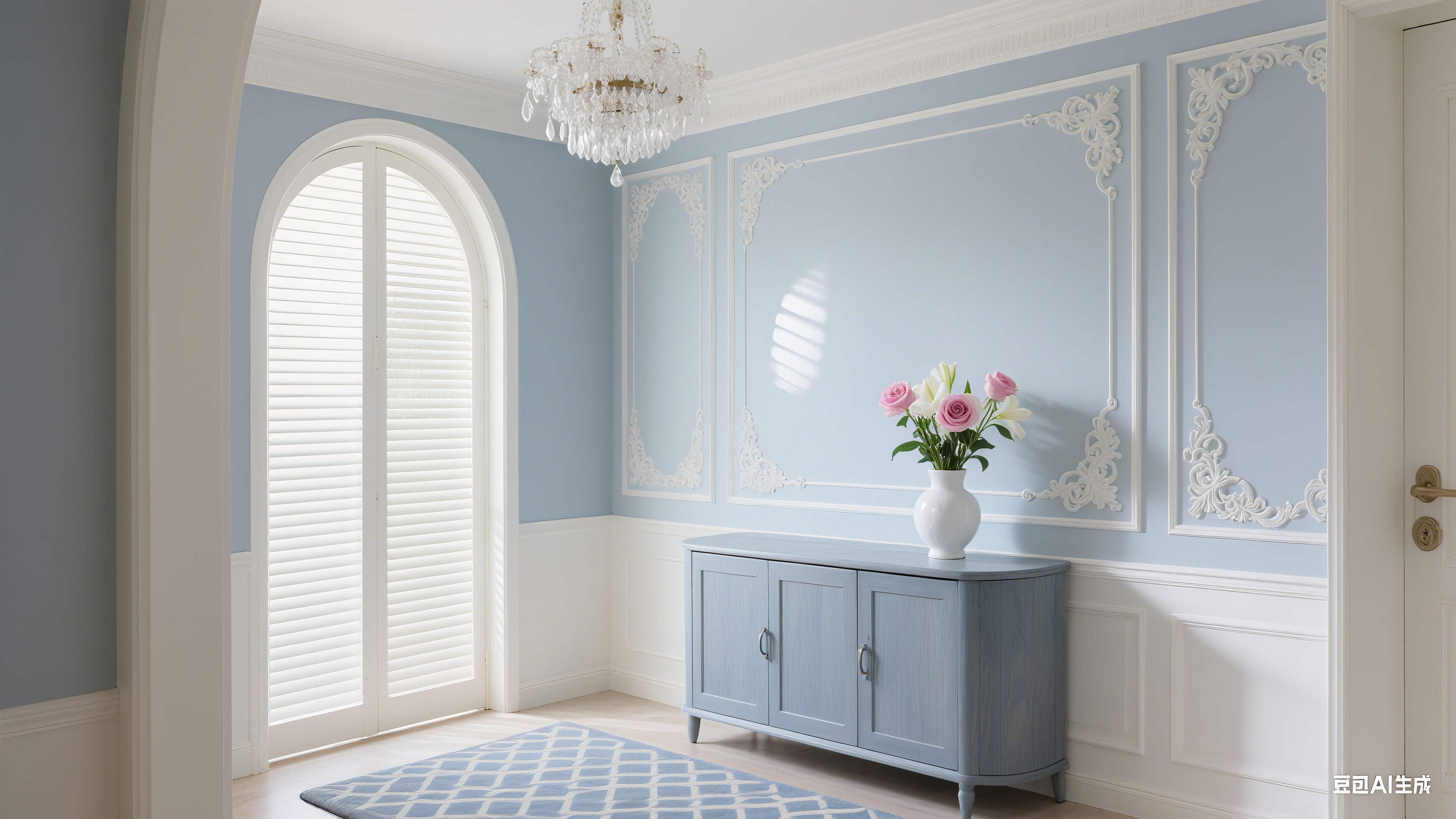 现代法式风格,以雾霾蓝与奶油白为主色调,营造优雅浪漫氛围