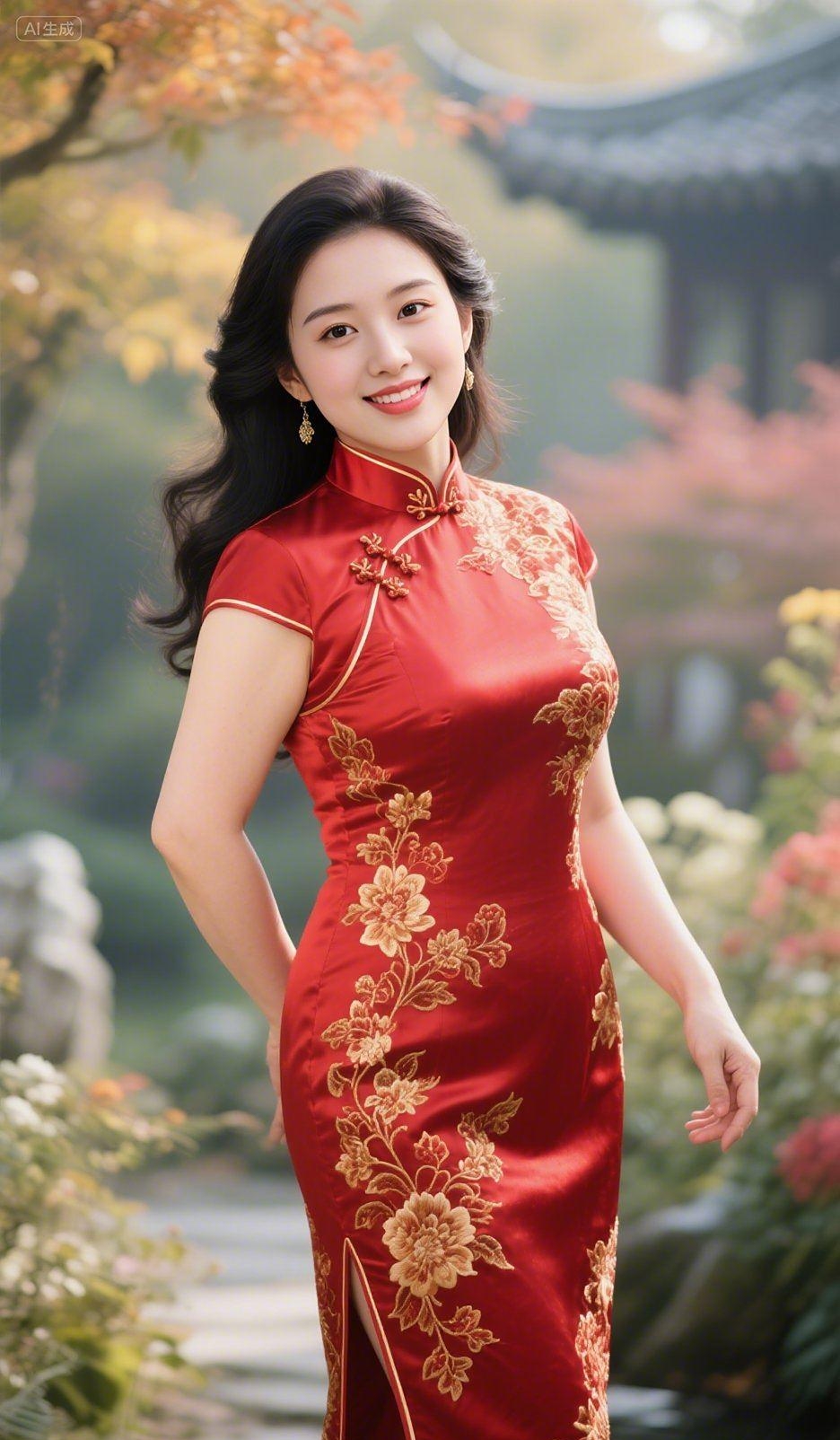 李女士穿着一件亮眼的红旗袍,立领和盘扣的样式凸显出她大方得体的