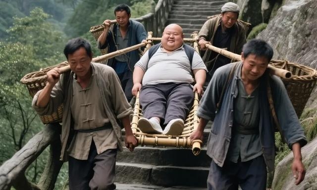 4个年龄在40多岁的大汉喊着号子用滑竿抬着一位体重超重的胖大游客