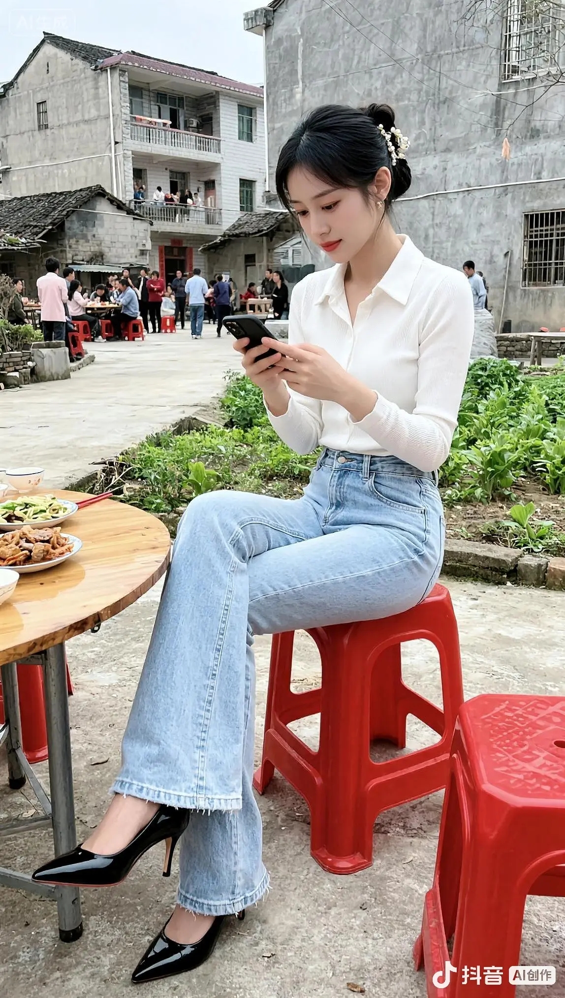 乡村小院里白衬衫搭高腰牛仔裤黑高跟鞋踩红凳手机和美食相伴今天