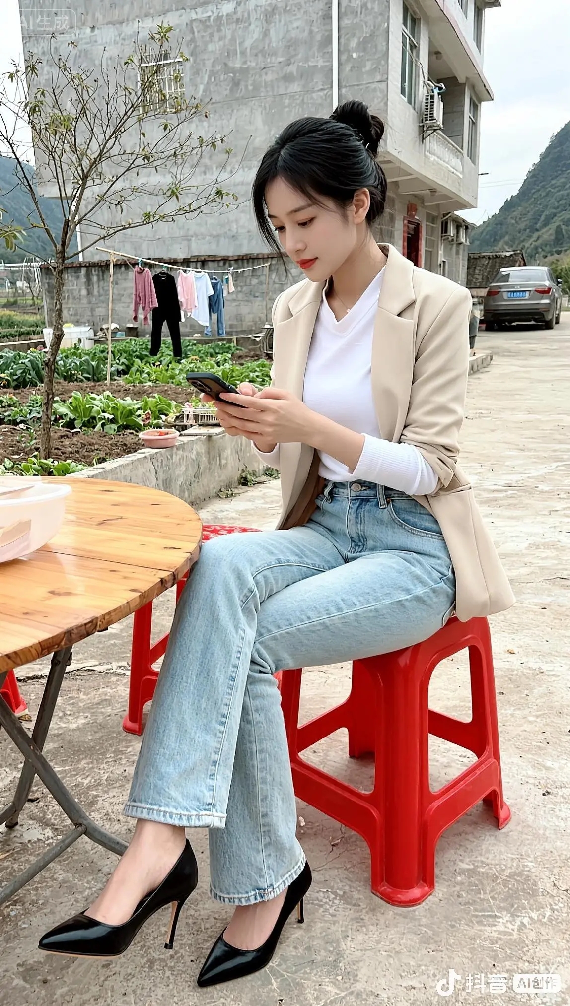 乡村小院里白衬衫搭高腰牛仔裤黑高跟鞋踩红凳手机和美食相伴今天