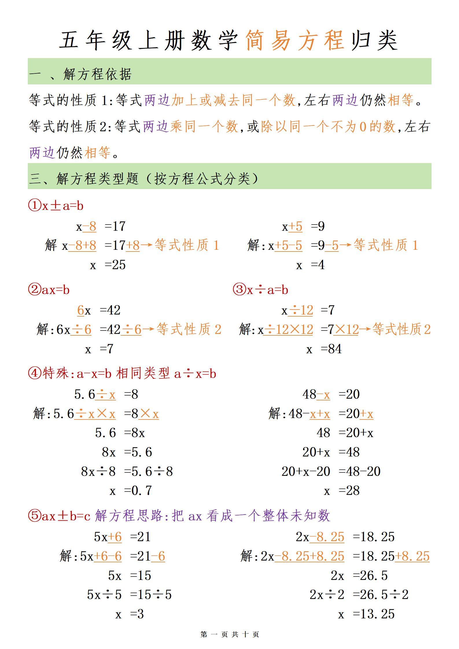 四升五的家长注意了,老师准备了五年级上册数学方程公式,家长提前打印
