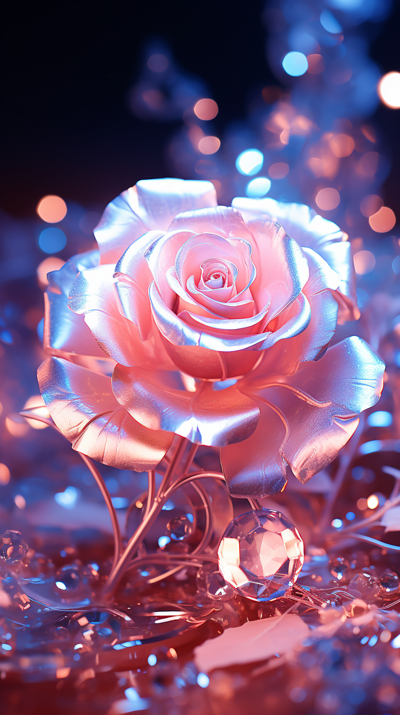 ai绘画:一朵晶莹剔透的玫瑰花,梦幻般,爱丽丝,壁纸,3d渲染,靓丽,亮