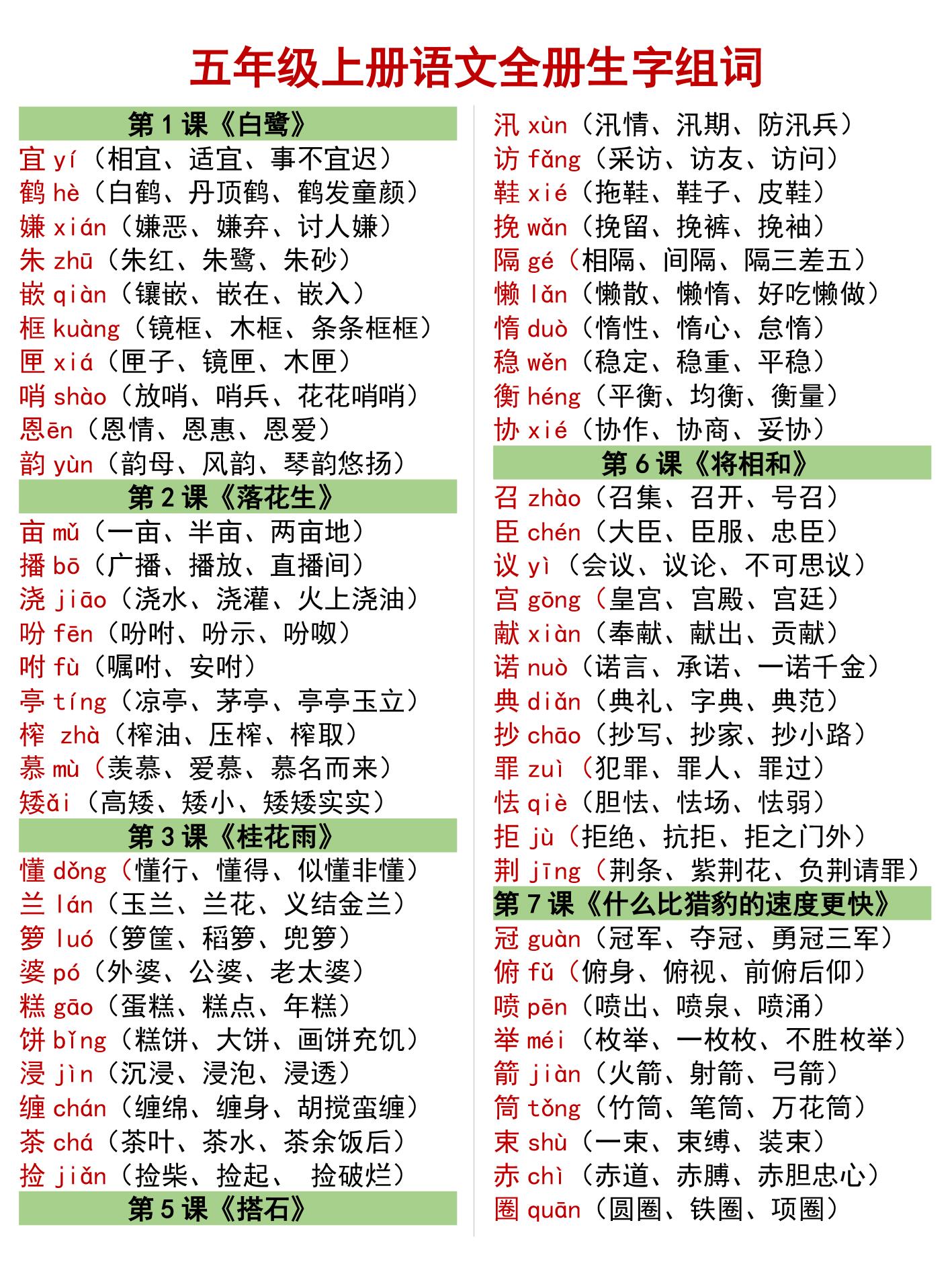 五年级语文全册生字组词宝典