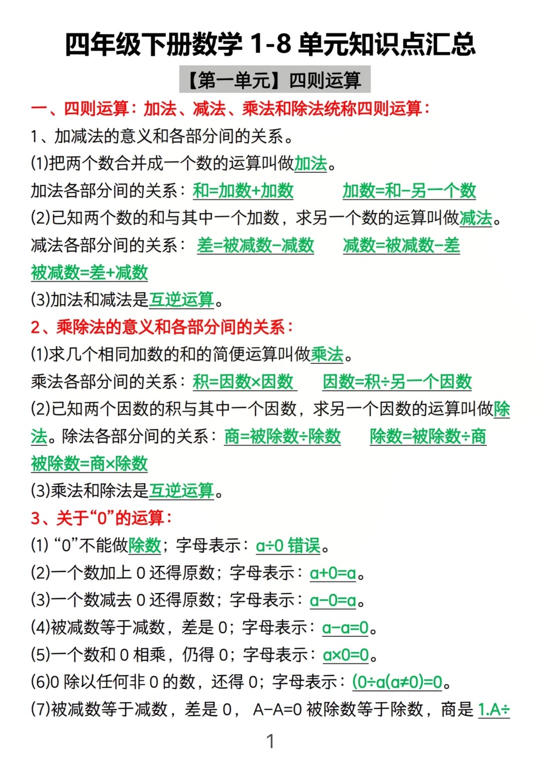 四年级下册数学重点知识点汇总建议收藏 四年级下册数学1