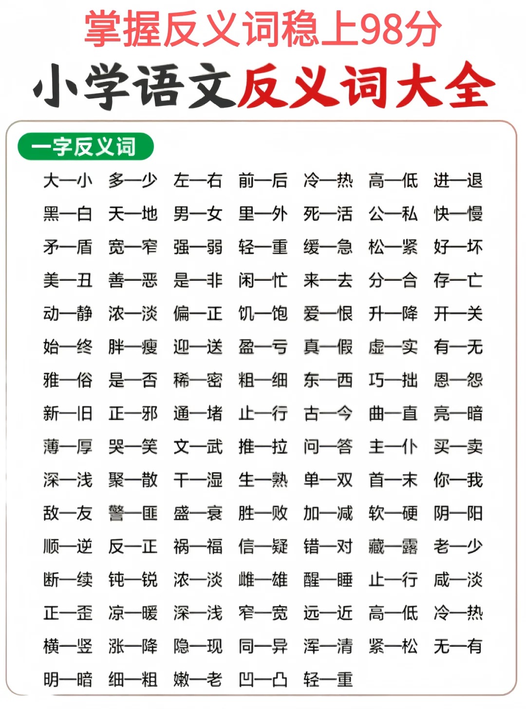 小学语文阶段近义词与反义词是课本上必教的一个知识点也是考试常