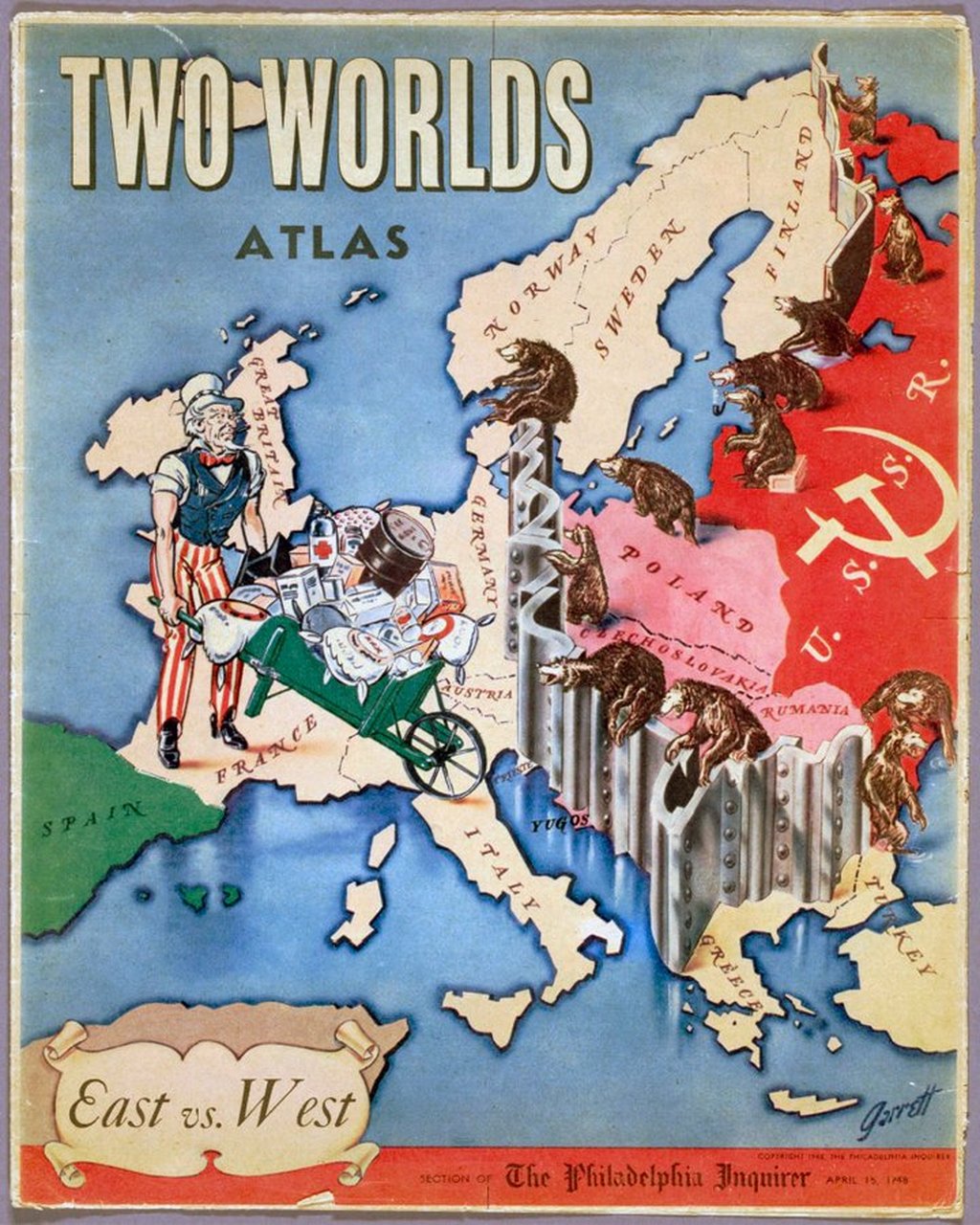 "两个世界"——美国插画(1948 年4月15日),描绘了铁幕将欧洲一分为二