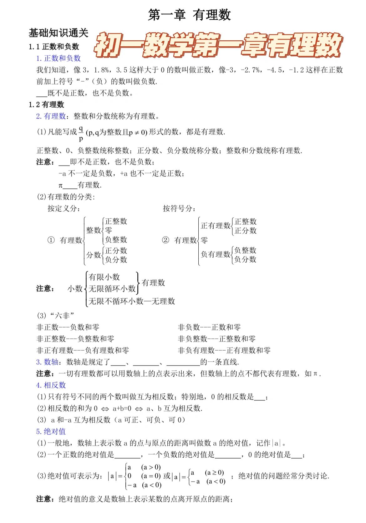 初一数学第一章 有理数 附单元练习   如果想提升学习