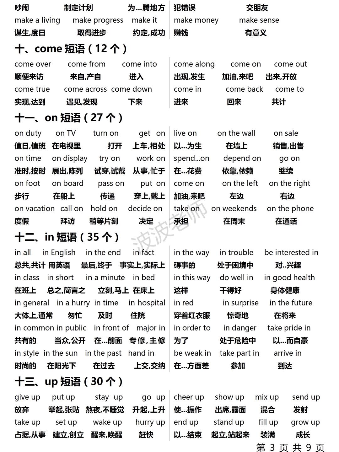 一look短语14个 二put短语14个 三give短语12个 四get短语28个