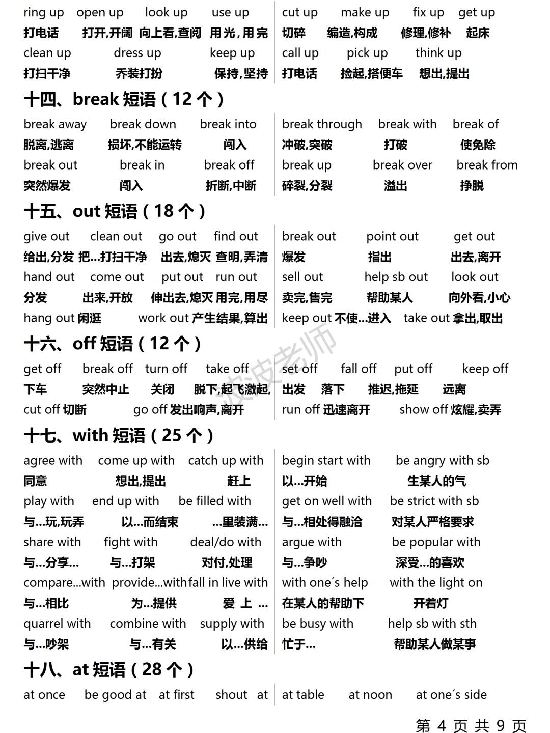 一look短语14个 二put短语14个 三give短语12个 四get短语28个