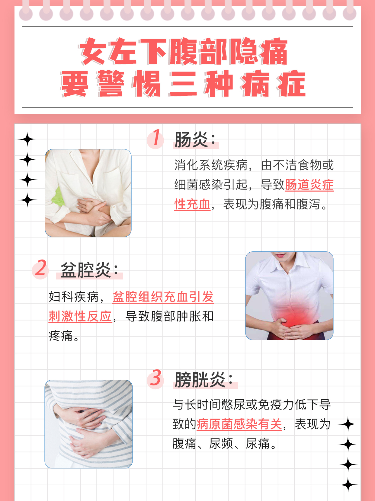 女性左下小腹下侧隐痛,可能是肠道问题,像便秘,肠炎;也可能是妇科