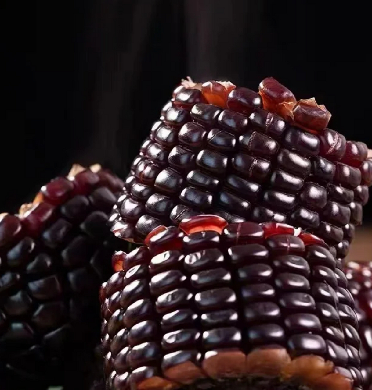 外观上,黑玉米的籽粒呈紫黑色或黑色,色泽亮丽,富有光泽.