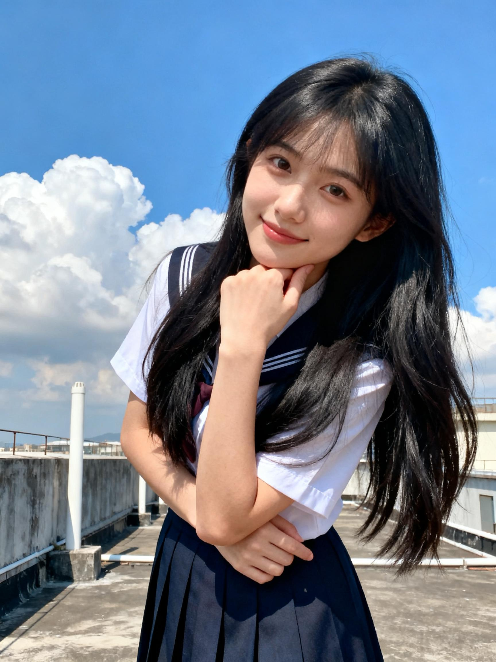人脸特写,高亮度,日常快照风格,自然构图,黑色柔顺长发,美女,身穿jk