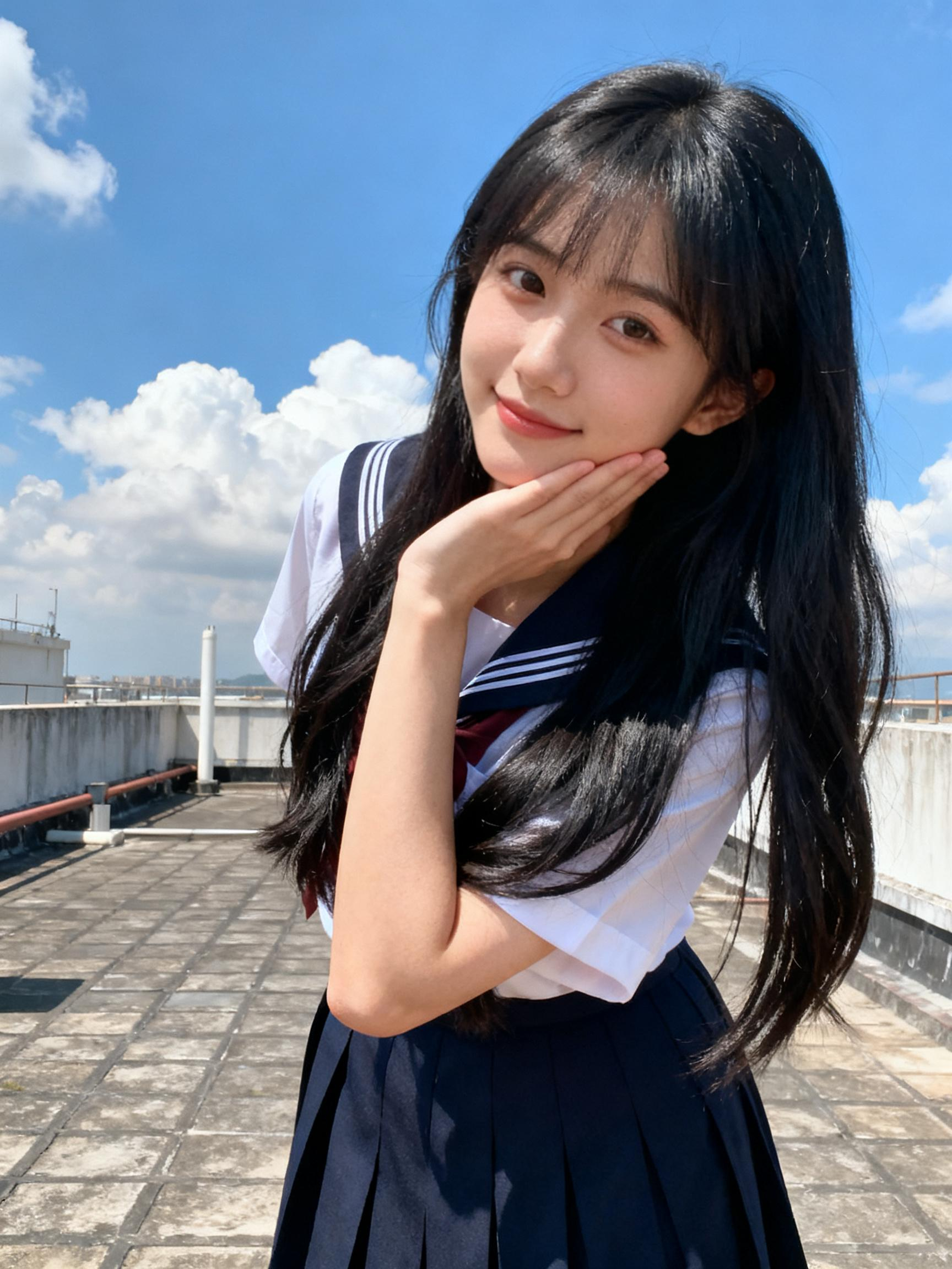 快照风格自然构图黑色柔顺长发美女身穿jk服装站在天台摆着pose