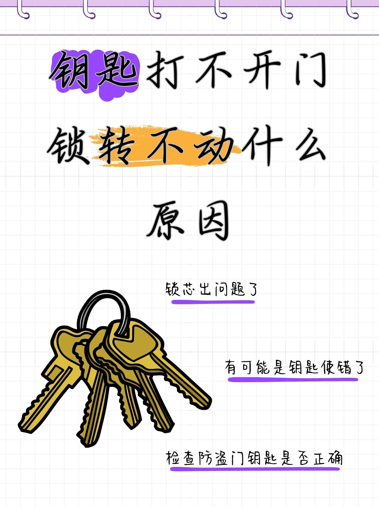 今天打算搬点东西过去,但到的时候发现钥匙打不开门,锁也转不动,不