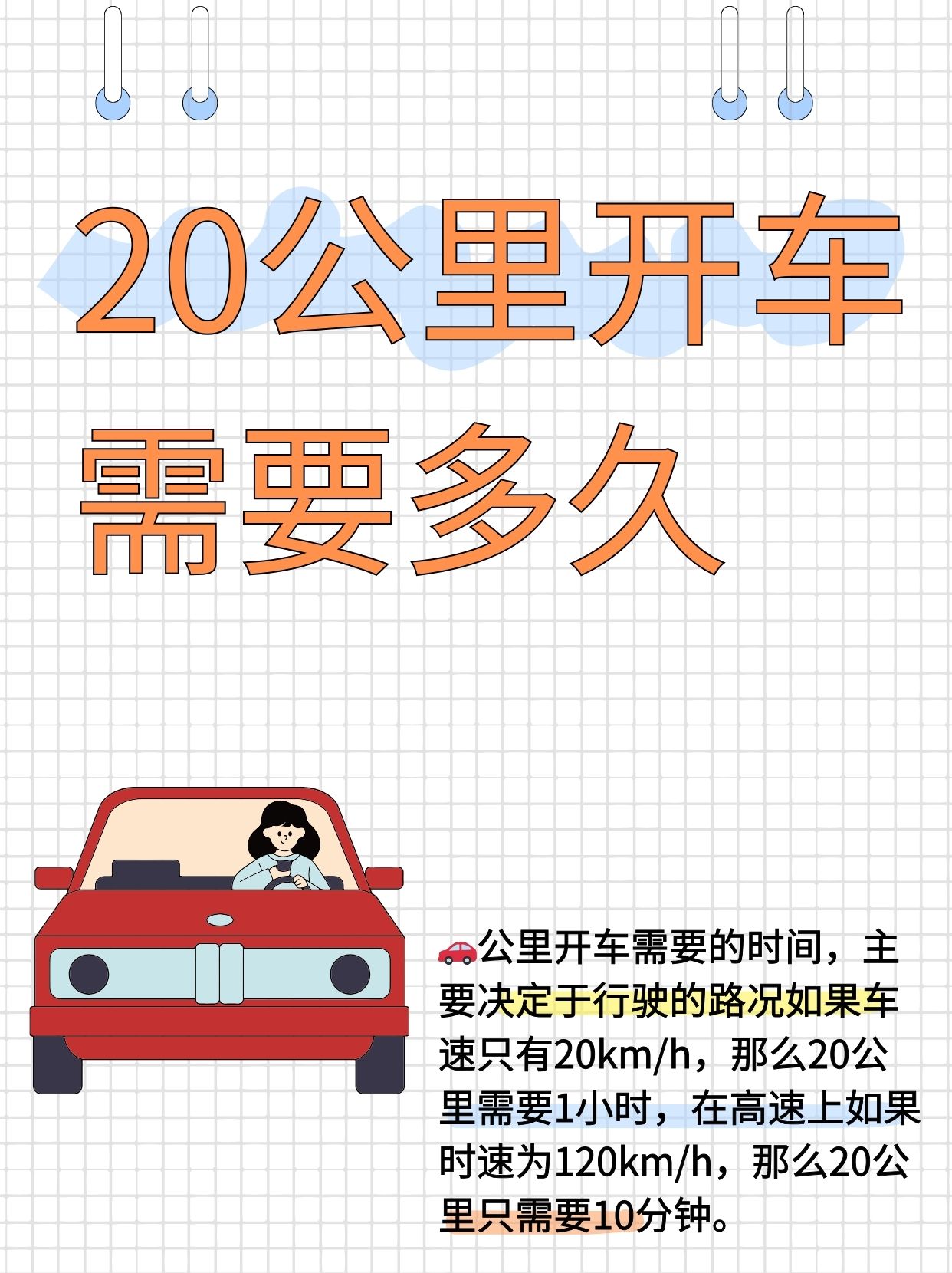 亲,开车行驶 20 公里所需要的时间,主要取决于