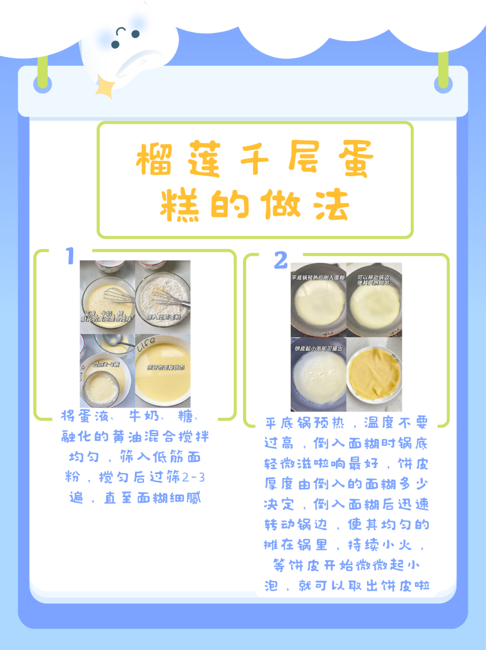 榴莲千层蛋糕的做法  08材料:黄油20g,鸡蛋4个(蛋液),牛奶340g,细