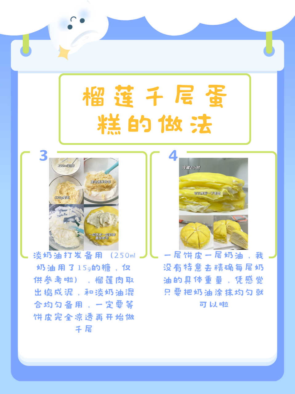 榴莲千层蛋糕的做法  08材料:黄油20g,鸡蛋4个(蛋液),牛奶340g,细
