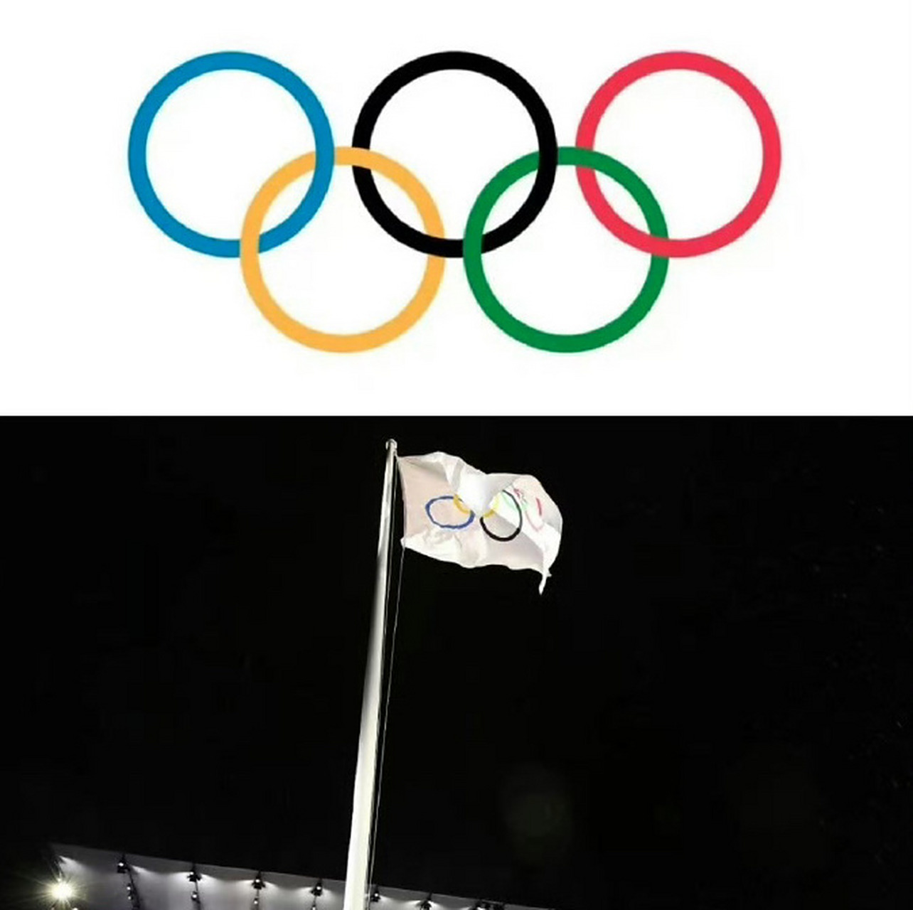 这奥运五环旗,升起的时候,挂反了.反了.