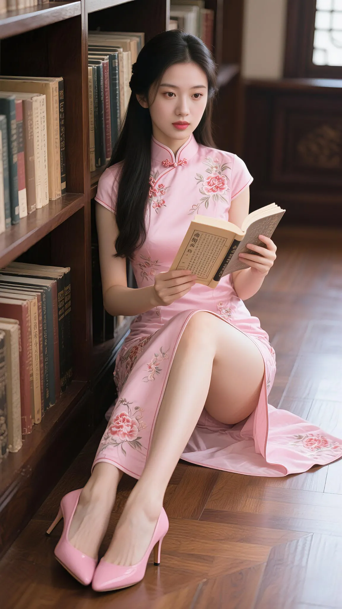 旗袍民国睡衣美女只穿旗袍盘腿坐的人赵诗涵穿旗袍大长腿青花瓷裙美女