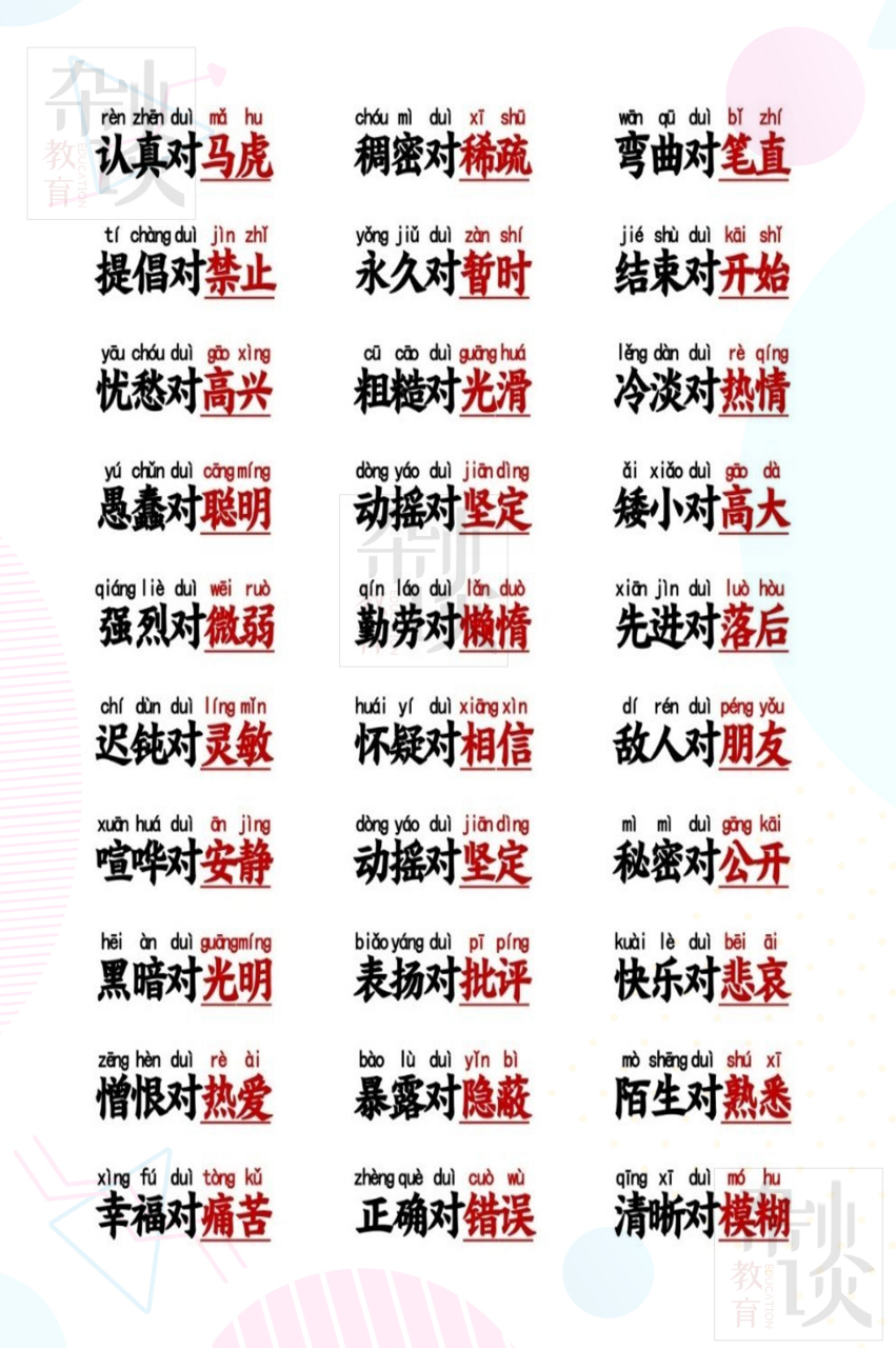 逃不掉的语文,小学一年级语文反义词整理归纳.