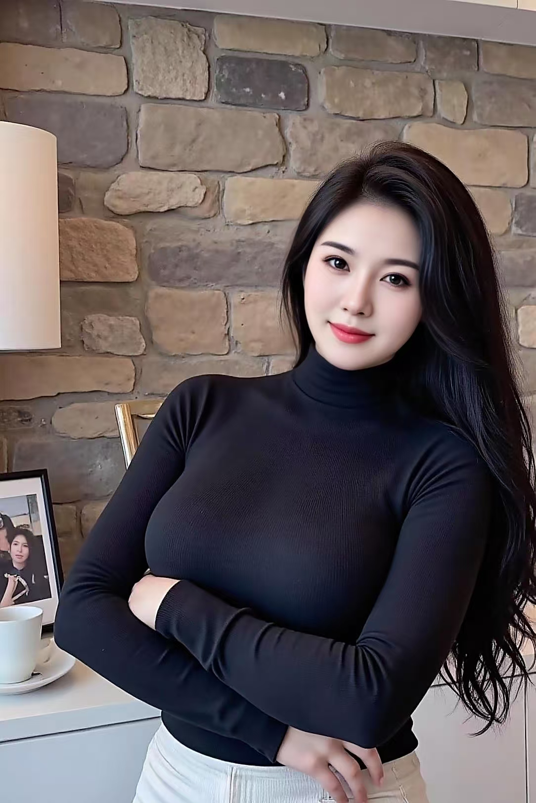 画面中女子身着黑色高领针织衫优雅侧立微卷长发与红唇相映成趣