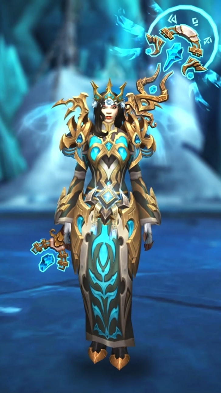 魔兽世界人类女牧师幻化穿搭分享: 头部: 冰蓝玫瑰王冠 肩部: 炉翼炽