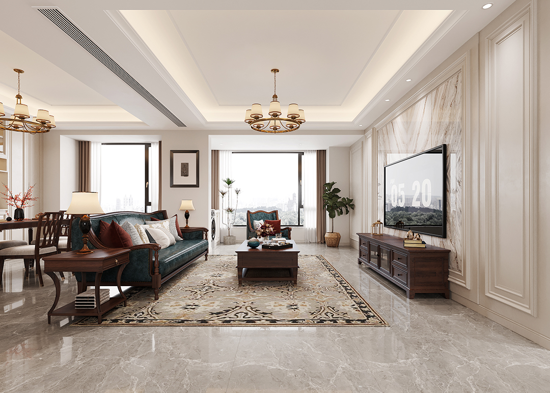客厅 大理石背景墙搭配黑胡桃木家具,美式腔调立显 大开间的横厅布 