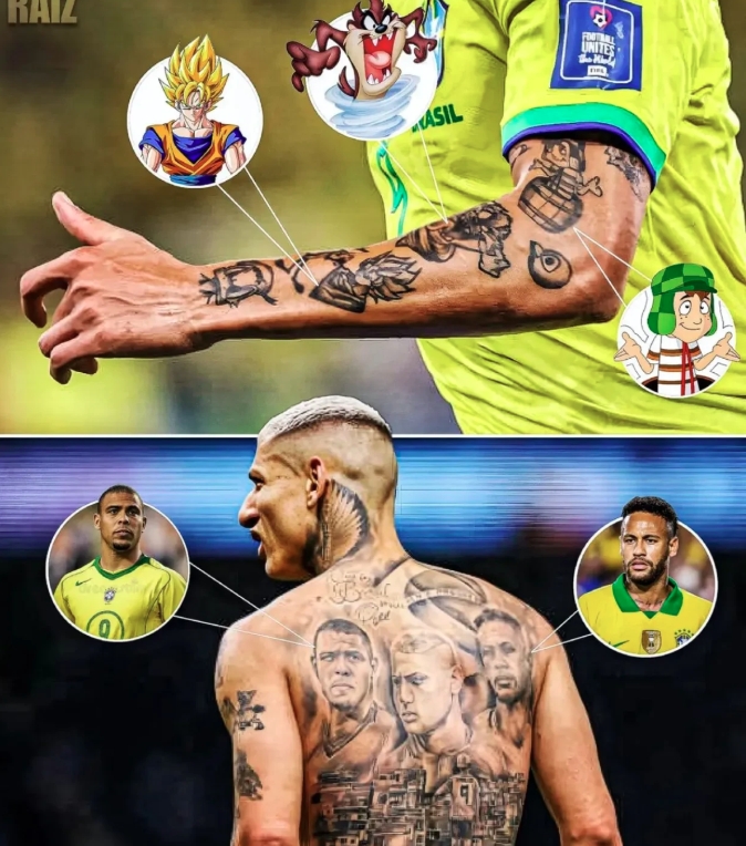 里沙利松的背部全部都是纹身,最上面是罗纳尔多和内马尔的头像