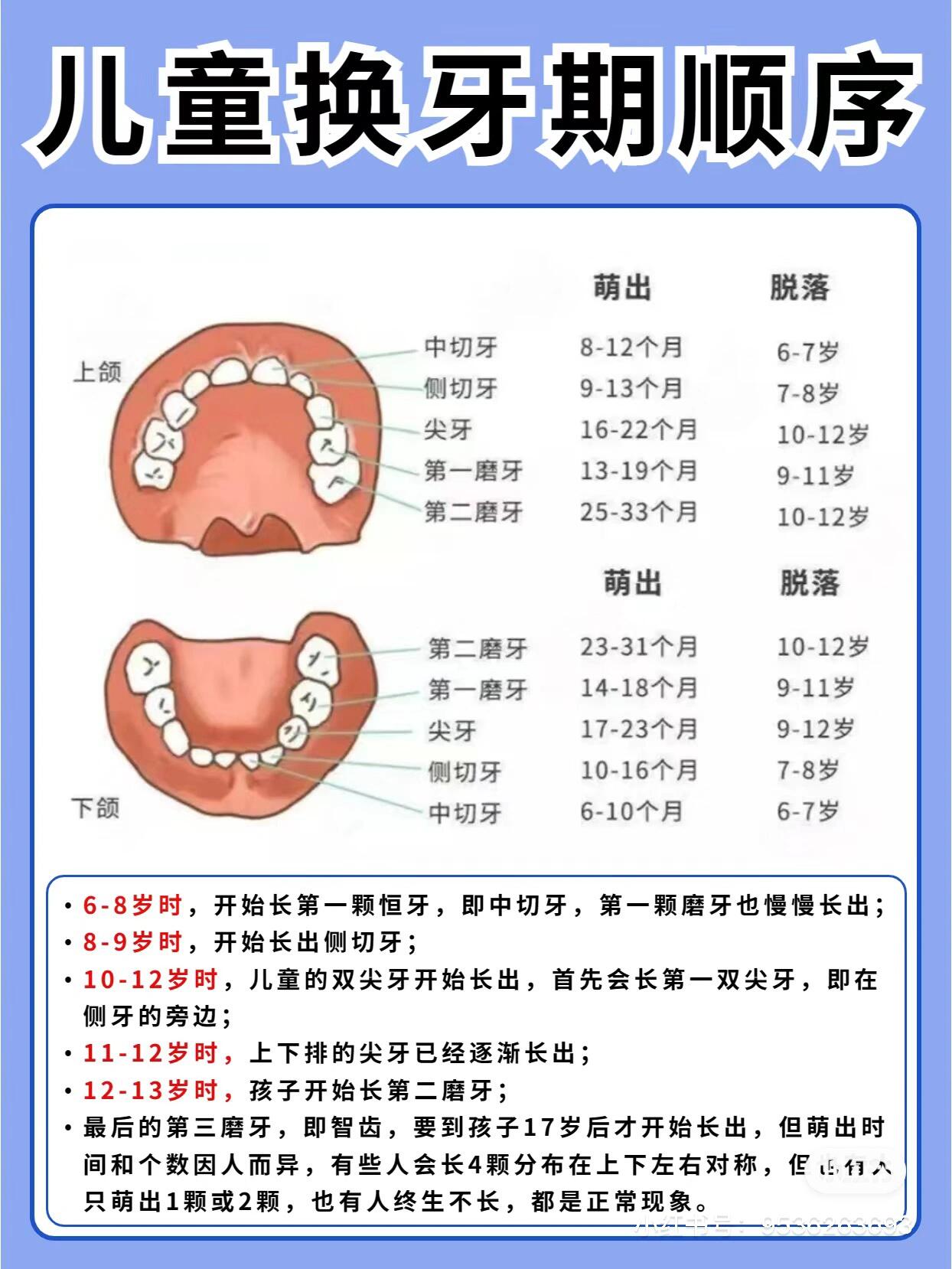 1 婴儿6个月时下乳前牙萌出 2 两岁半的时候 乳牙全部萌出 3 6岁的
