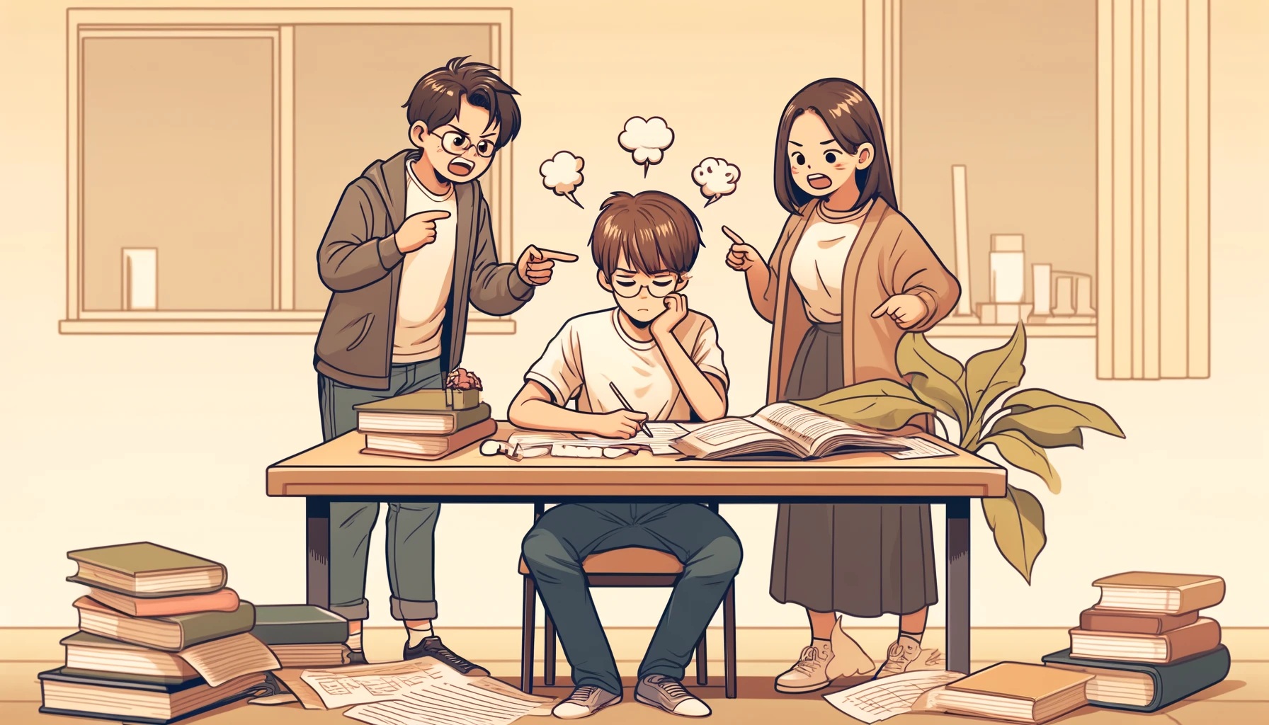 他正准备写数学作业,心里却想着刚刚看的动画片.